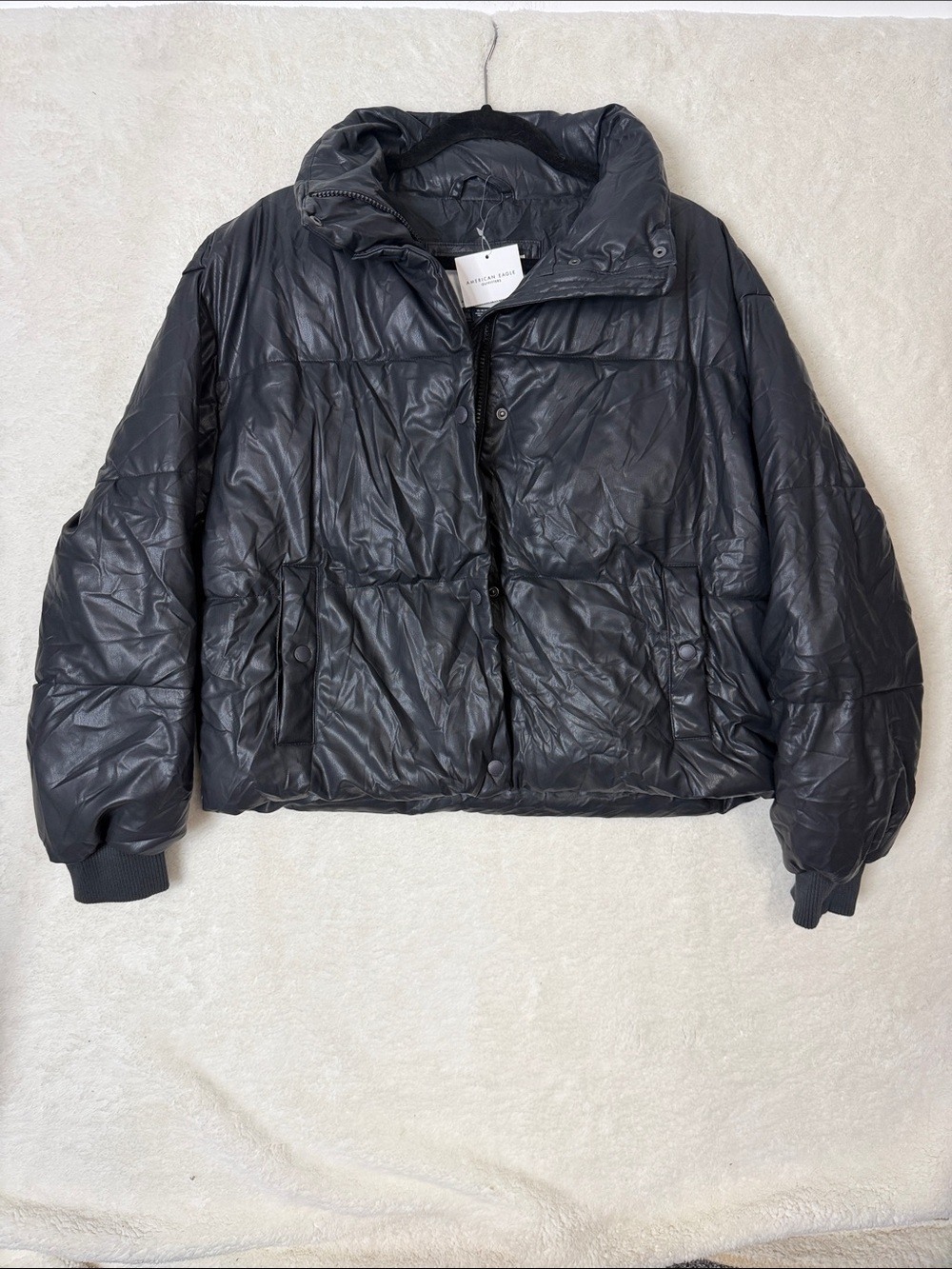 American Eagle AE Chill Puffer Vegan Leather Jacket Coat Zip Button Pockets NWT